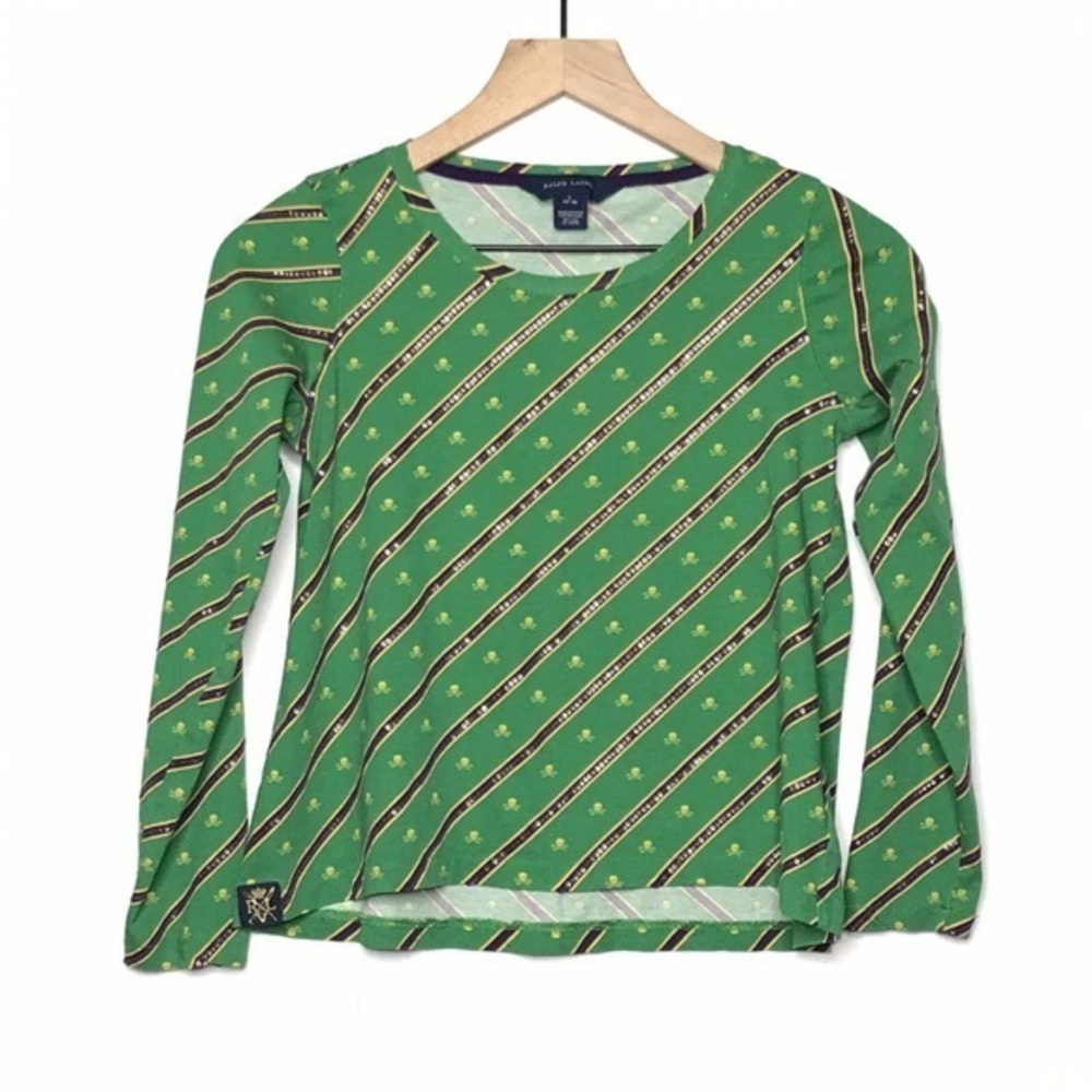 RALPH LAUREN kids skull crossbones print green long sleeve sequins top size M